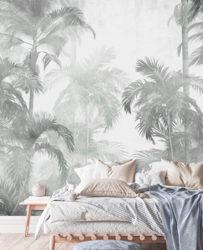 Muted green tropical palm trees with a hazy background wallpaper Muted green tropical palm trees with a hazy background wallpaper