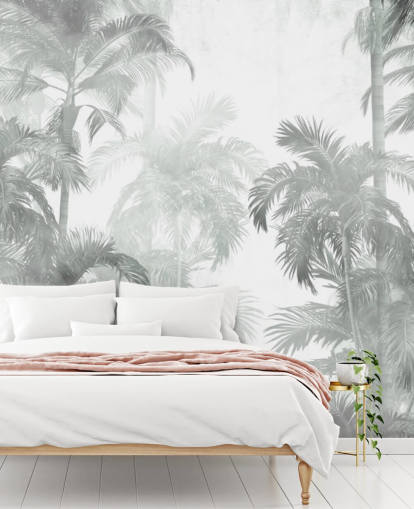 Muted green tropical palm trees with a hazy background wallpaper