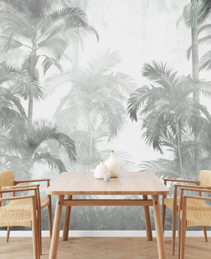 Fondo de pantalla de palmeras tropicales de color verde apagado con fondo borroso