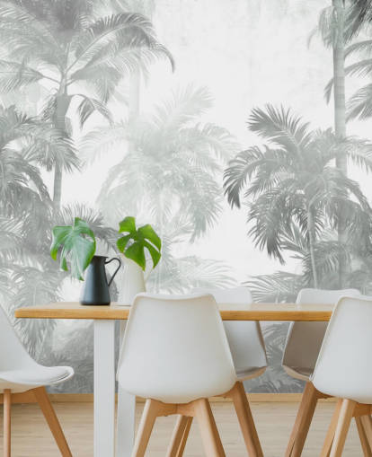 Muted green tropical palm trees with a hazy background wallpaper
