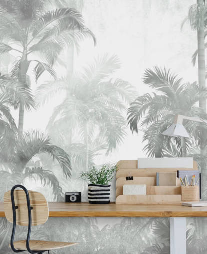 Fondo de pantalla de palmeras tropicales de color verde apagado con fondo borroso Fondo de pantalla de palmeras tropicales de color verde apagado con fondo borroso