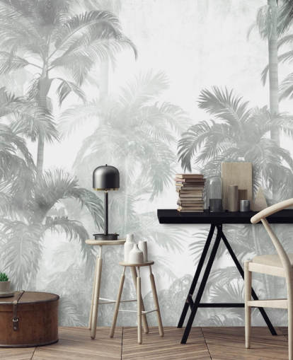 Muted green tropical palm trees with a hazy background wallpaper