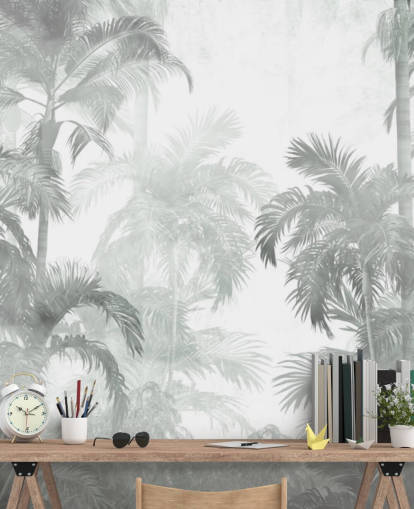 Muted green tropical palm trees with a hazy background wallpaper