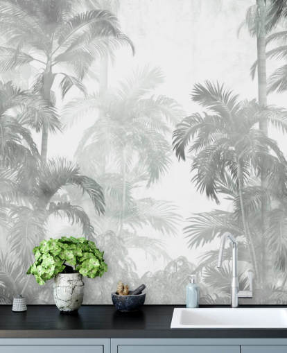 Muted green tropical palm trees with a hazy background wallpaper