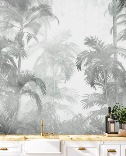 Muted green tropical palm trees with a hazy background wallpaper