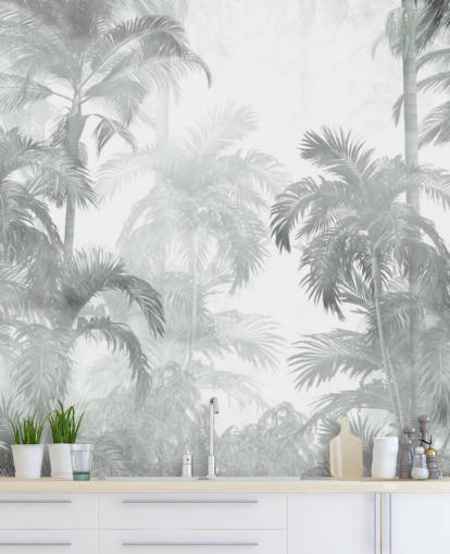 Fondo de pantalla de palmeras tropicales de color verde apagado con fondo borroso Fondo de pantalla de palmeras tropicales de color verde apagado con fondo borroso