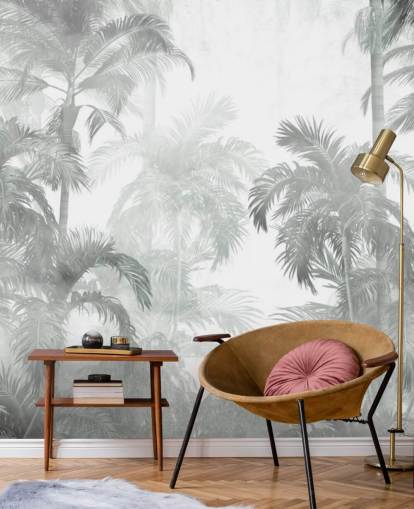 Muted green tropical palm trees with a hazy background wallpaper