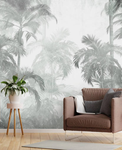 Muted green tropical palm trees with a hazy background wallpaper