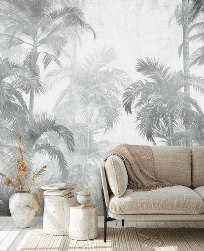 Fondo de pantalla de palmeras tropicales de color verde apagado con fondo borroso