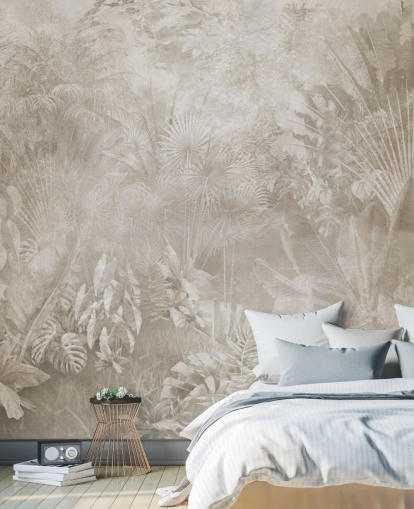 Papier peint aux tons sépia avec des arbres de la jungle tropicale brumeuse