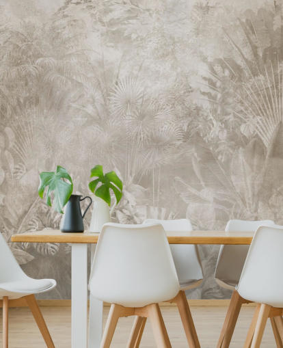 Papier peint aux tons sépia avec des arbres de la jungle tropicale brumeuse