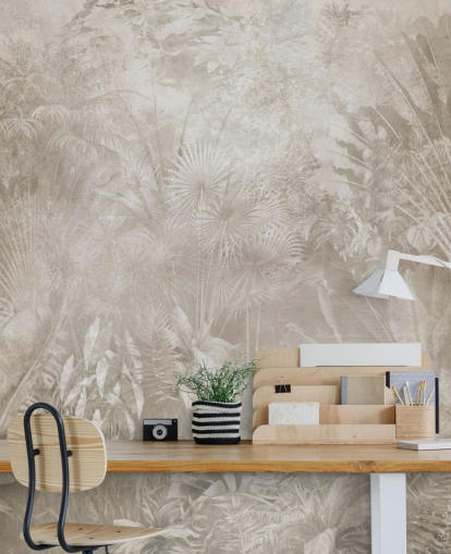 Papel pintado en tonos sepia con brumosos árboles de la selva tropical