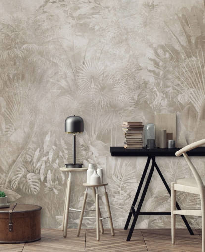Papel pintado en tonos sepia con brumosos árboles de la selva tropical