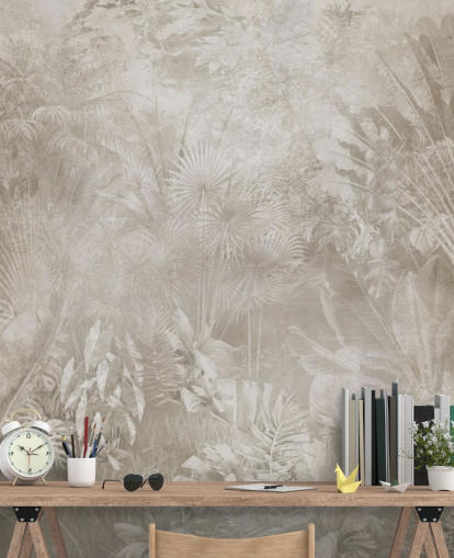 Papier peint aux tons sépia avec des arbres de la jungle tropicale brumeuse Papier peint aux tons sépia avec des arbres de la jungle tropicale brumeuse