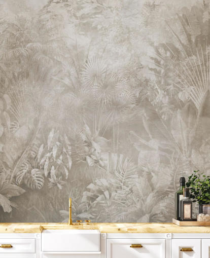 Papier peint aux tons sépia avec des arbres de la jungle tropicale brumeuse Papier peint aux tons sépia avec des arbres de la jungle tropicale brumeuse