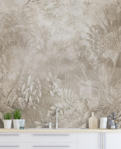 Papier peint aux tons sépia avec des arbres de la jungle tropicale brumeuse