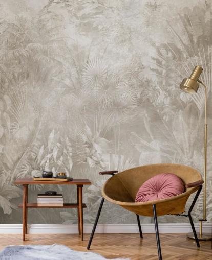 Papel pintado en tonos sepia con brumosos árboles de la selva tropical