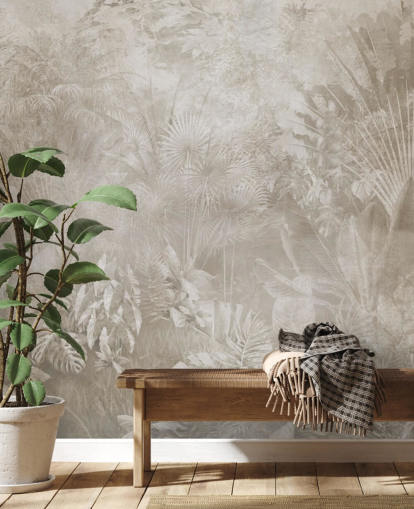 Papier peint aux tons sépia avec des arbres de la jungle tropicale brumeuse