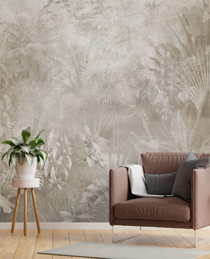 Papier peint aux tons sépia avec des arbres de la jungle tropicale brumeuse