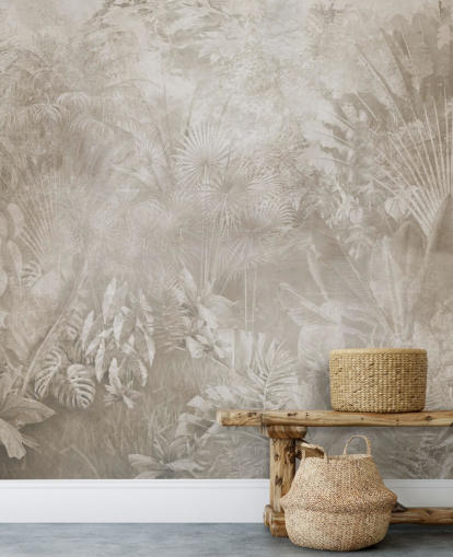 Papier peint aux tons sépia avec des arbres de la jungle tropicale brumeuse Papier peint aux tons sépia avec des arbres de la jungle tropicale brumeuse