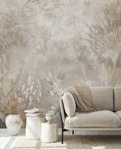 Papel pintado en tonos sepia con brumosos árboles de la selva tropical