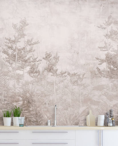 Papel pintado vintage de selva tropical brumosa en tono sepia