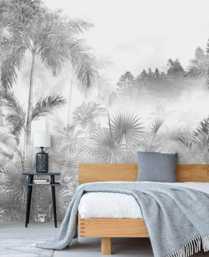 Papel de parede preto e branco da árvore da selva tropical