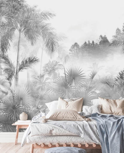 Zwart-wit behang met tropische junglebomen