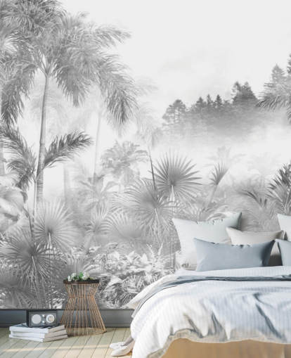 Zwart-wit behang met tropische junglebomen