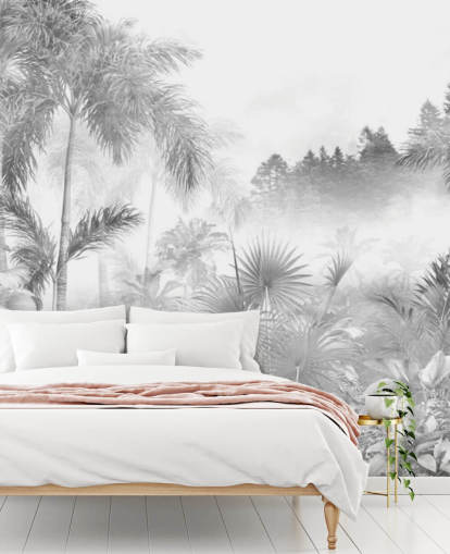 Zwart-wit behang met tropische junglebomen Zwart-wit behang met tropische junglebomen
