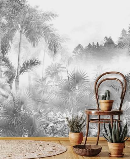 Carta da parati con alberi tropicali della giungla in bianco e nero