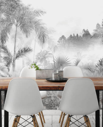 Black and white tropical jungle tree wallpaper