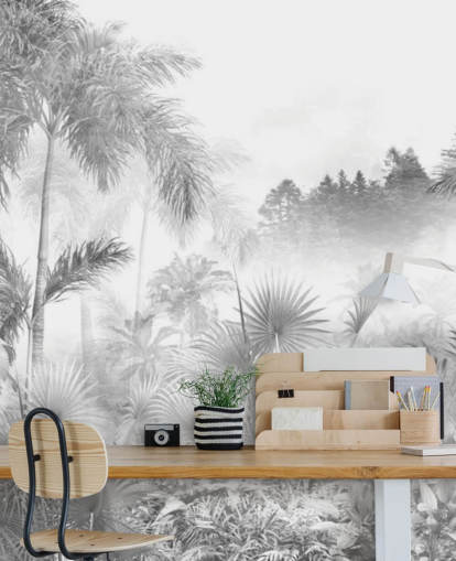 Papel pintado de árboles de selva tropical en blanco y negro
