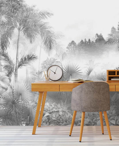 Zwart-wit behang met tropische junglebomen