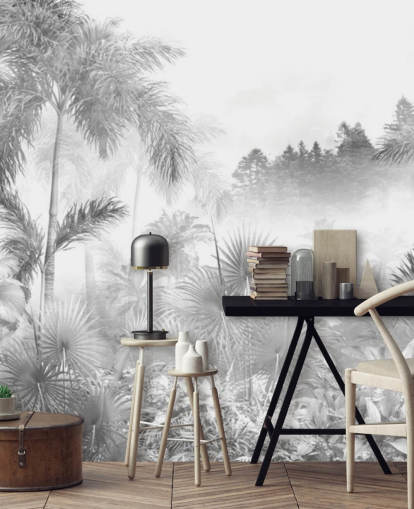 Papel de parede preto e branco da árvore da selva tropical