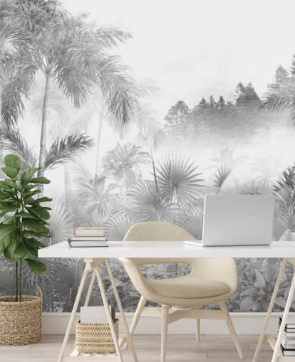 Black and white tropical jungle tree wallpaper