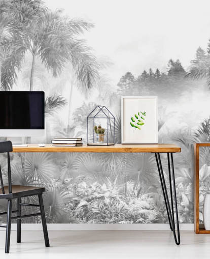 Black and white tropical jungle tree wallpaper