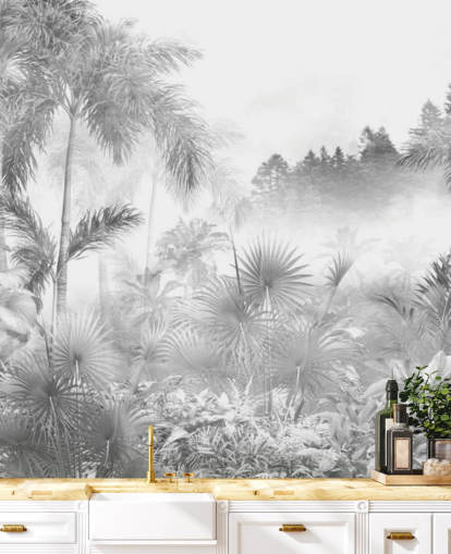 Carta da parati con alberi tropicali della giungla in bianco e nero