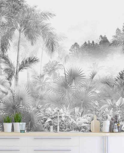 Papel pintado de árboles de selva tropical en blanco y negro Papel pintado de árboles de selva tropical en blanco y negro