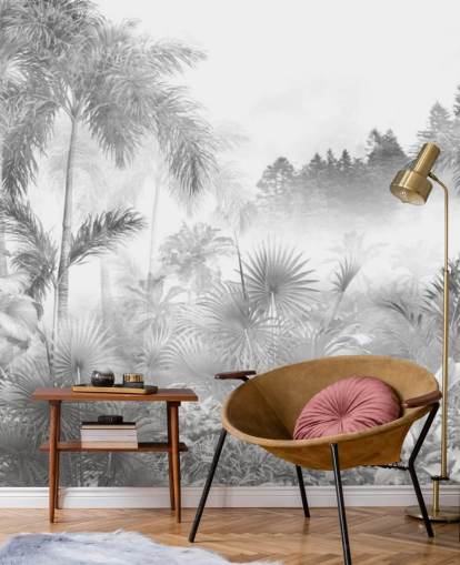 Zwart-wit behang met tropische junglebomen