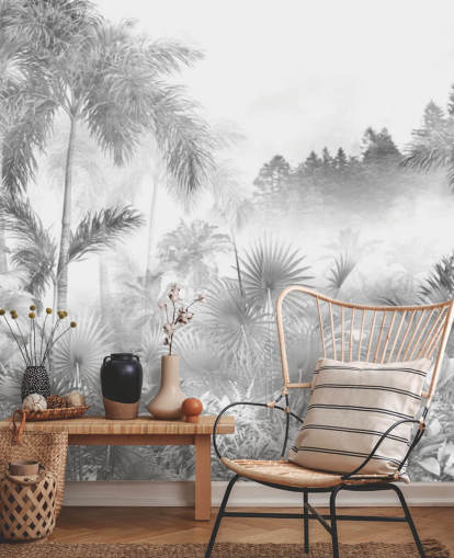 Zwart-wit behang met tropische junglebomen