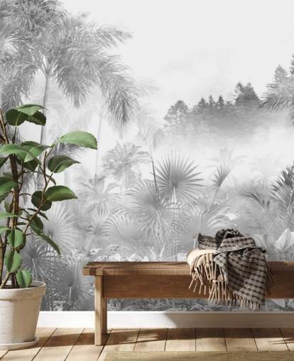 Carta da parati con alberi tropicali della giungla in bianco e nero