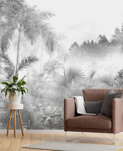 Papel pintado de árboles de selva tropical en blanco y negro