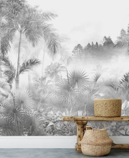 Black and white tropical jungle tree wallpaper