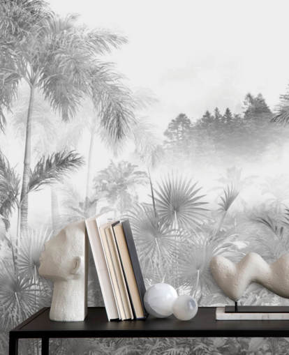 Black and white tropical jungle tree wallpaper