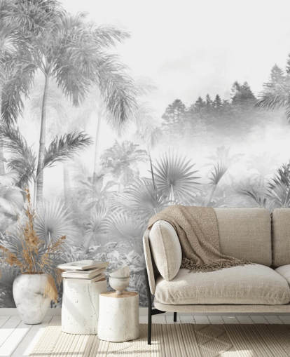 Zwart-wit behang met tropische junglebomen