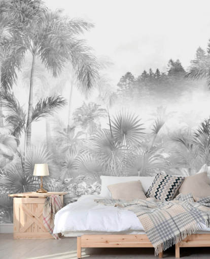 Papel pintado de árboles de selva tropical en blanco y negro