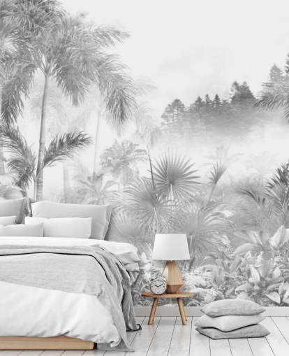 Zwart-wit behang met tropische junglebomen
