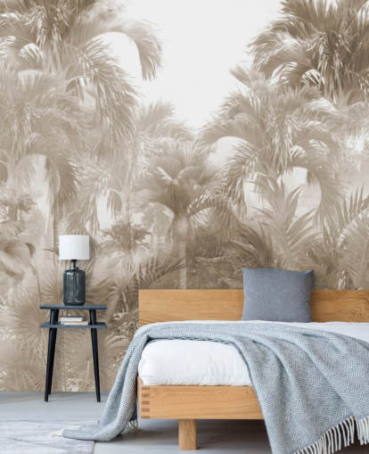 Sepia jungle tapet med høje beige palmer med en hvid himmel Sepia jungle tapet med høje beige palmer med en hvid himmel