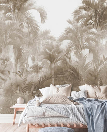 Sepia jungle wallpaper with tall beige palm trees with a white sky